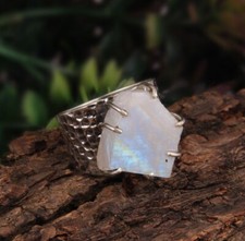 Natural Rainbow Moonstone Hammered 925 Sterling Silver Band Ring Boho Jewelry