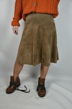 LEATHER genuine Suede skirt midi brown camel size M vintage