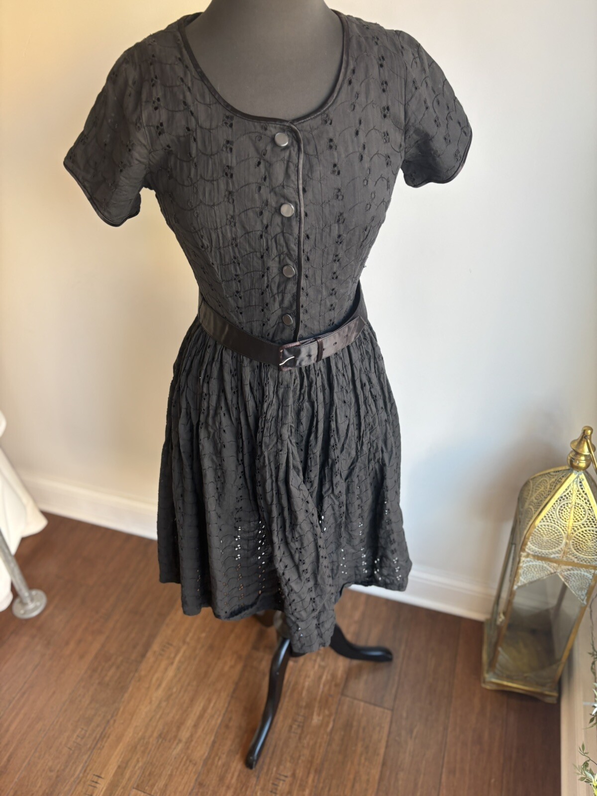 50s Black Cotton Eyelet Dress - image 1