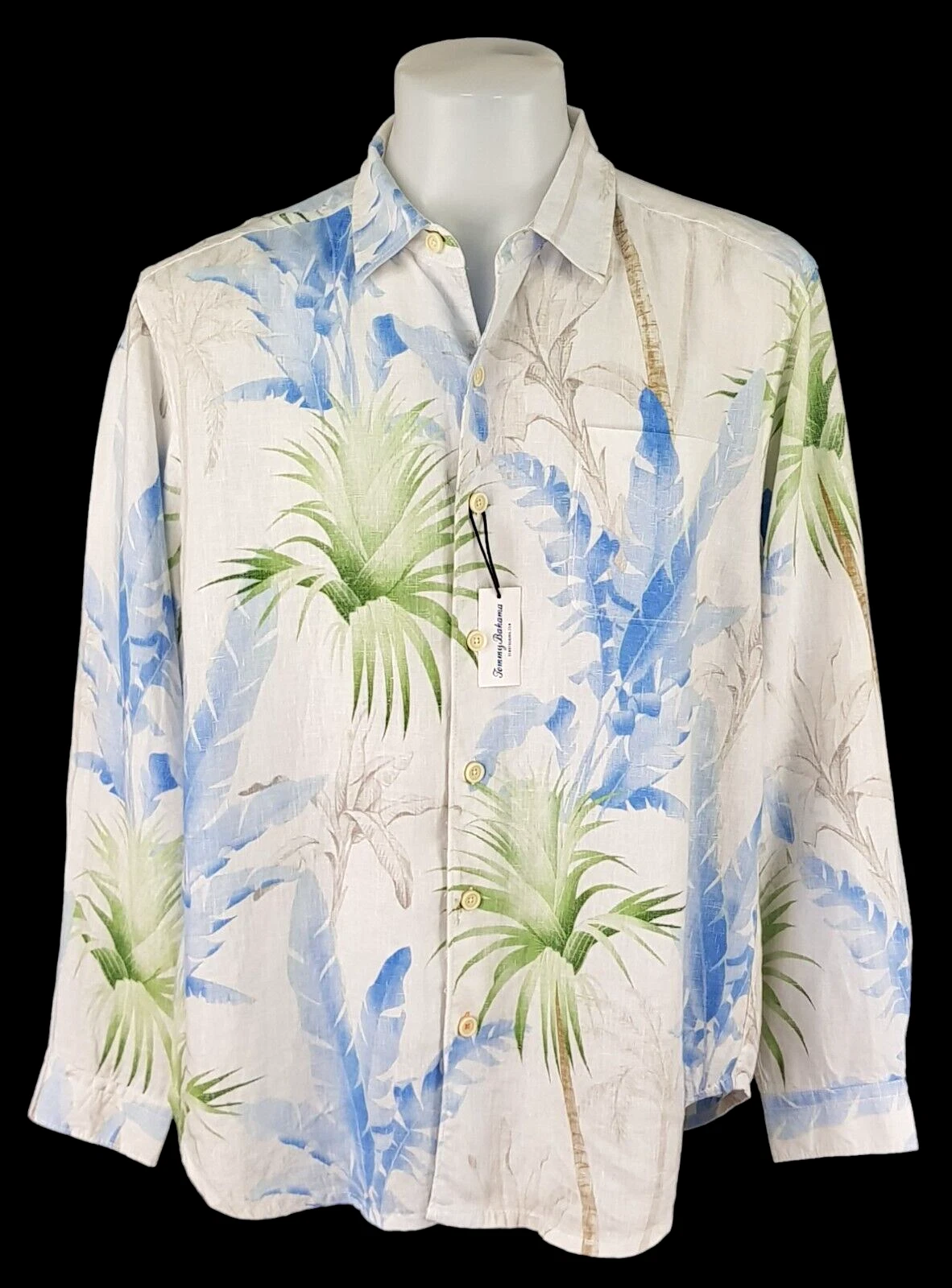 TOMMY BAHAMA Mens LINEN Blue L/S LUXURY HAWAIIAN SHIRT Reverse Print - L - 50"