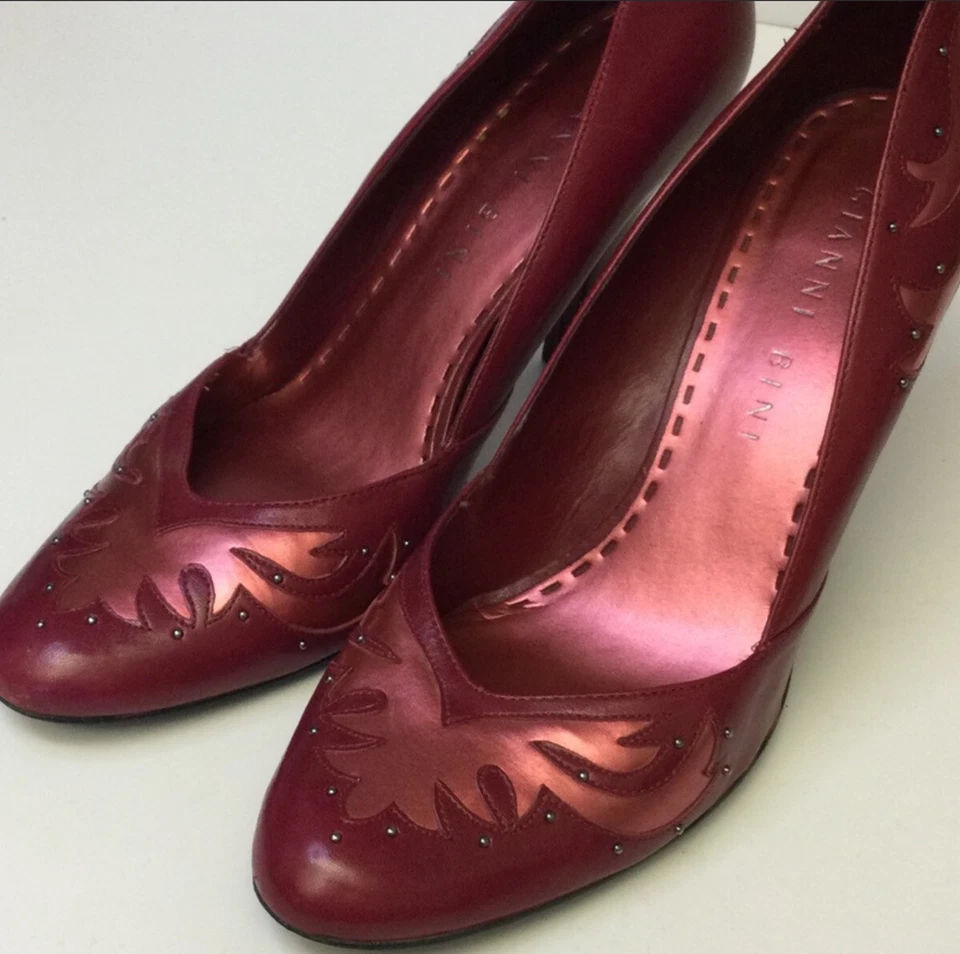 GIANNI BINI CUERO ROJO RECORTES LLAMA EN ROSA ROSA TACONES TALLA 9 USADO EN EXCELENTE ESTADO Foto 3 de 4