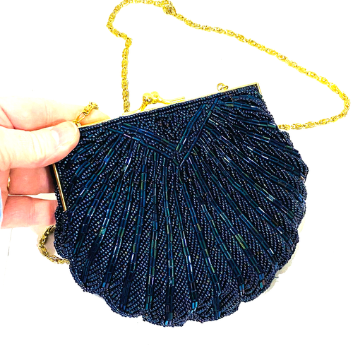 Vintage La Regale navy blue beaded evening bag converts to dressy clutch purse - Picture 8 of 11