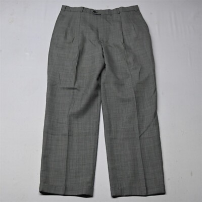 Vtg Alan Flusser 36x30 Gray Micro Houndstooth Wool Pleated Cuffed Dress Pants