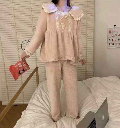 Women Winter Two-Piece Set princess Sweet Bow-Knot Ruffled Loose Plush Pajamas H - Picture 10 of 17