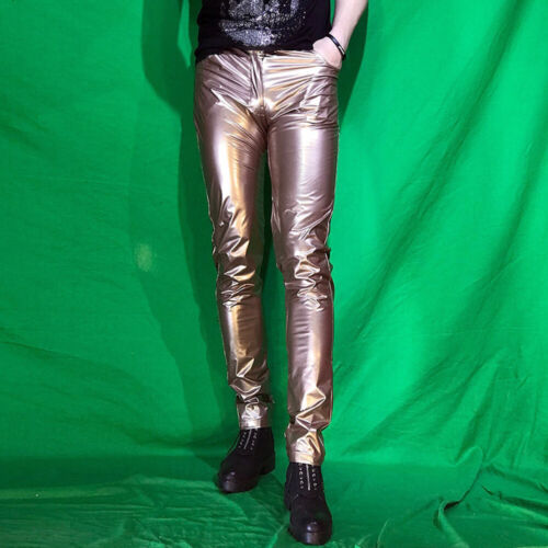 Herren Kunstleder Glänzend Hose Metallisch Skinny Dehnbar Slim Hose Club Party - Bild 15 von 31