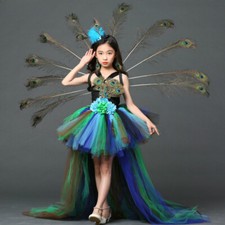 Girls Peacock Flower Party Tutu Tulle Dresses with Train Princess Party Costume