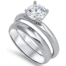 Sterling Silver Raised Solitaire Twin Band CZ Cubic Zirconia Wedding Set