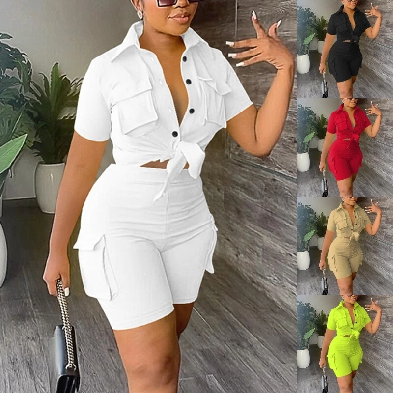 Women Shirt And Shorts Set Short Sleeve Two Piece Outfit Bodycon Travel