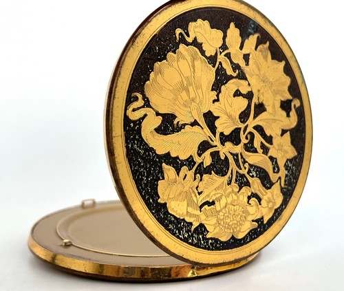 Wadsworth Powder Compact 1940s Brass Etched Florals on Sparkly Black 3in Vintage - Afbeelding 15 van 17