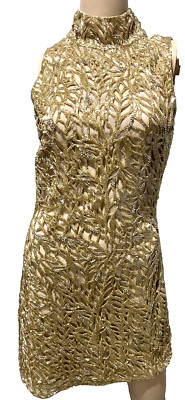 New Reem Acra Runway Bead Crystal Embroidered Embellished Gold Cocktail Dress 10