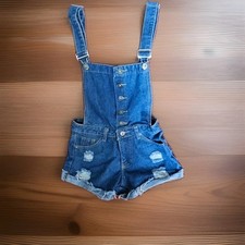 Blue Denim Distressed Button-Up Overall Shorts with Adjustable Straps