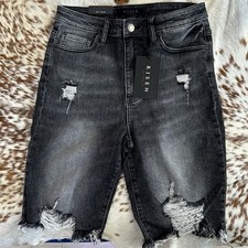 NWT Risen LA L Large Black Stretch Distressed Denim Bermuda Shorts Stretchy Jean