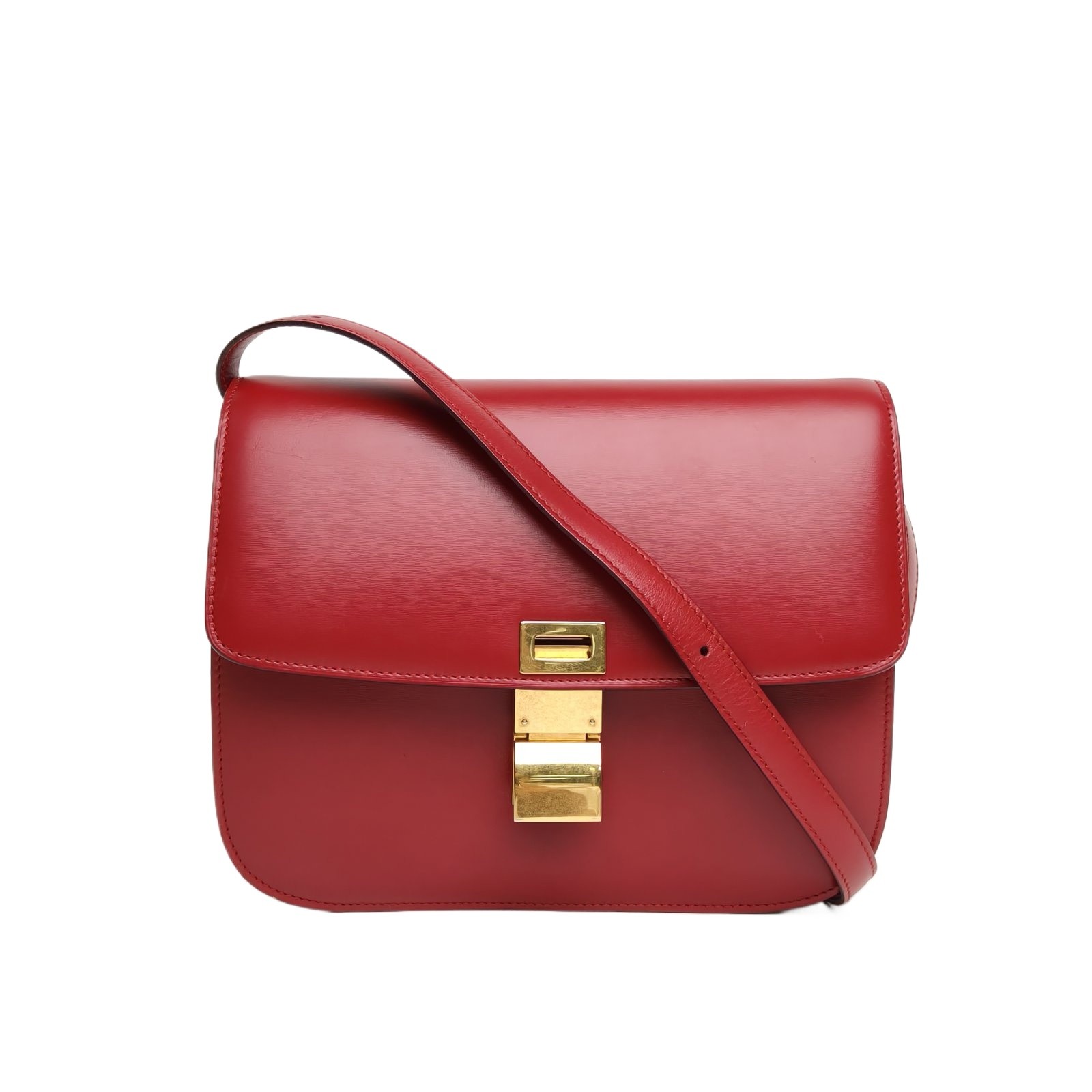 CELINE Classic Box Medium Size Red Calfskin  Shoulder Bag