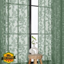 OVZME Sage Green Sheer Curtains 52x108 Inch 2 Panels - Leaf Pattern