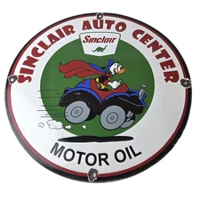 Vintage Sinclair Gasoline Sign - Disney Duck Porcelain Gas Oil Pump Auto Sign