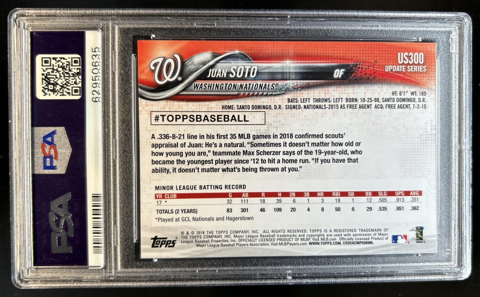 2018 Topps Update Juan Soto RC Rookie All-Star #US300a Nationals PSA 10 GEM MINT view 2