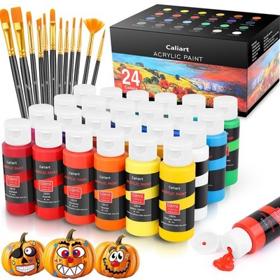 Acrylic Paint Set with 12 Brushes, 24 Colors Wood Craft Paints for Adult Arti...