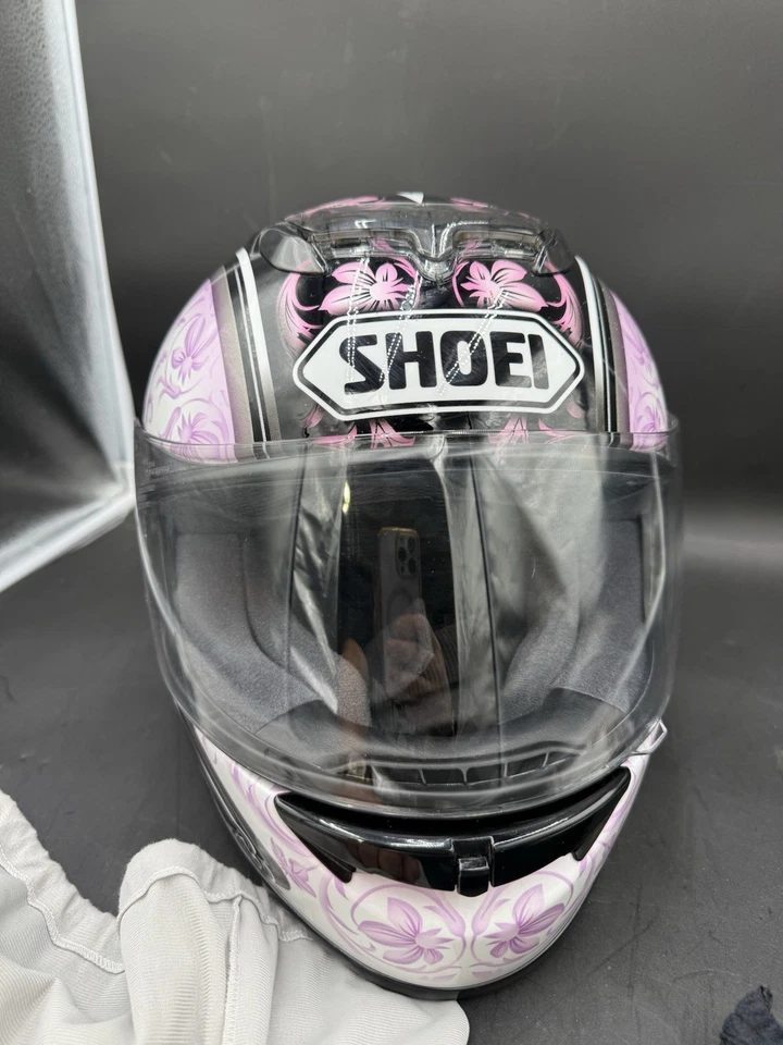 Casco de motocicleta Shoei TZ-R cara completa XS RARO diseño floral rosa USADO UNA VEZ Foto 3 de 4