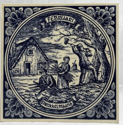 Vintage Delft Blauw Handpainted Holland Feb Tile Plaque Februari Sprokkelmaand