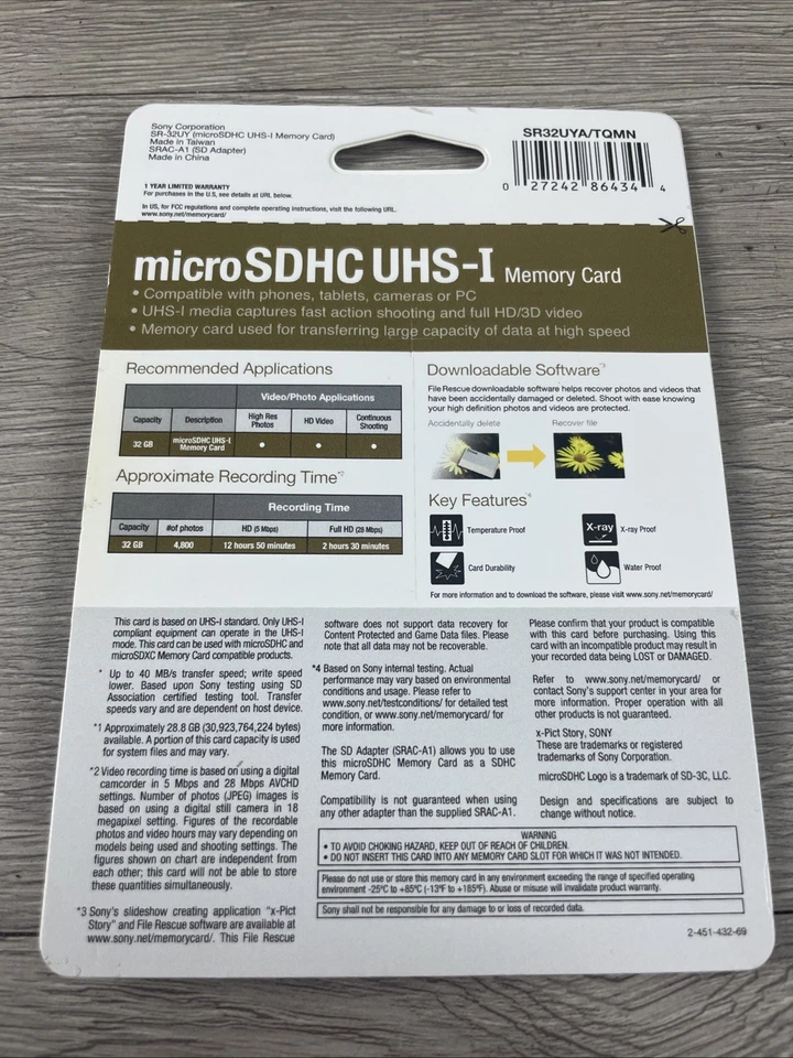 NEW Sony 32GB MicroSDHC UHS-I Card SR32UYA/TQMN - SEALED, NIB - Image 2 of 2