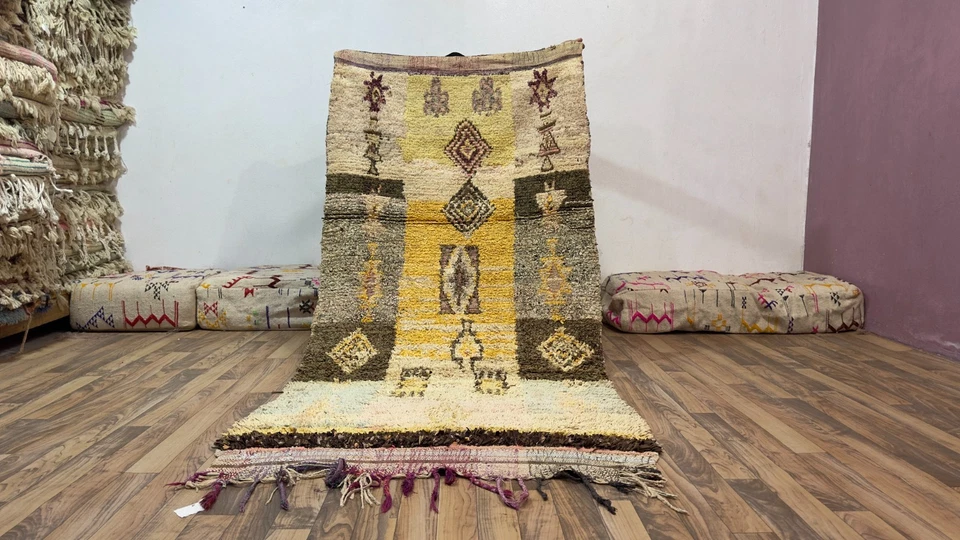 Handmade Moroccan Berber Rug Vintage Yellow Wool Carpet | Tribal Geometric Area - Image 2 of 4