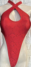Red Animal Print One-Piece Halter Cutout Bodysuit Thong Back Stretch One Size