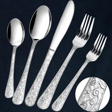 Chuleno Vintage Floral Carved Silverware Set for 6, 30 Pieces Silver 