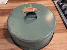 Vintage MCM Metal Tin Covered Locking Cake Plate Carrier Keeper Yellow Floral