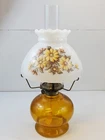 Vintage Hurricane Oil Lamp w/ Milk Glass Shade Chimney & Amber Glass Base