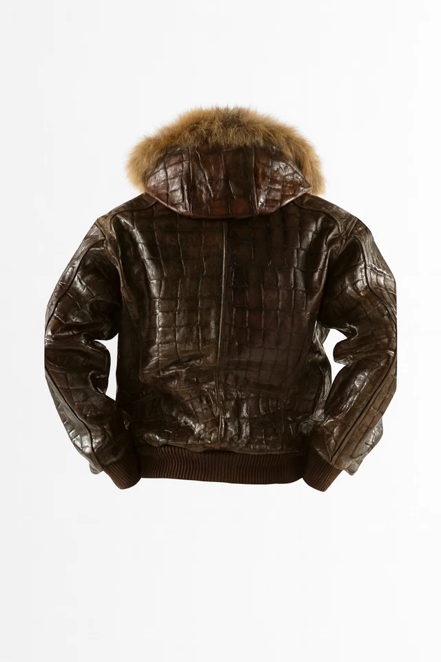 Men’s Crocodile Embossed Cowhide Leather Jacket Fur Hood Luxury Bomber - Image 2 of 3