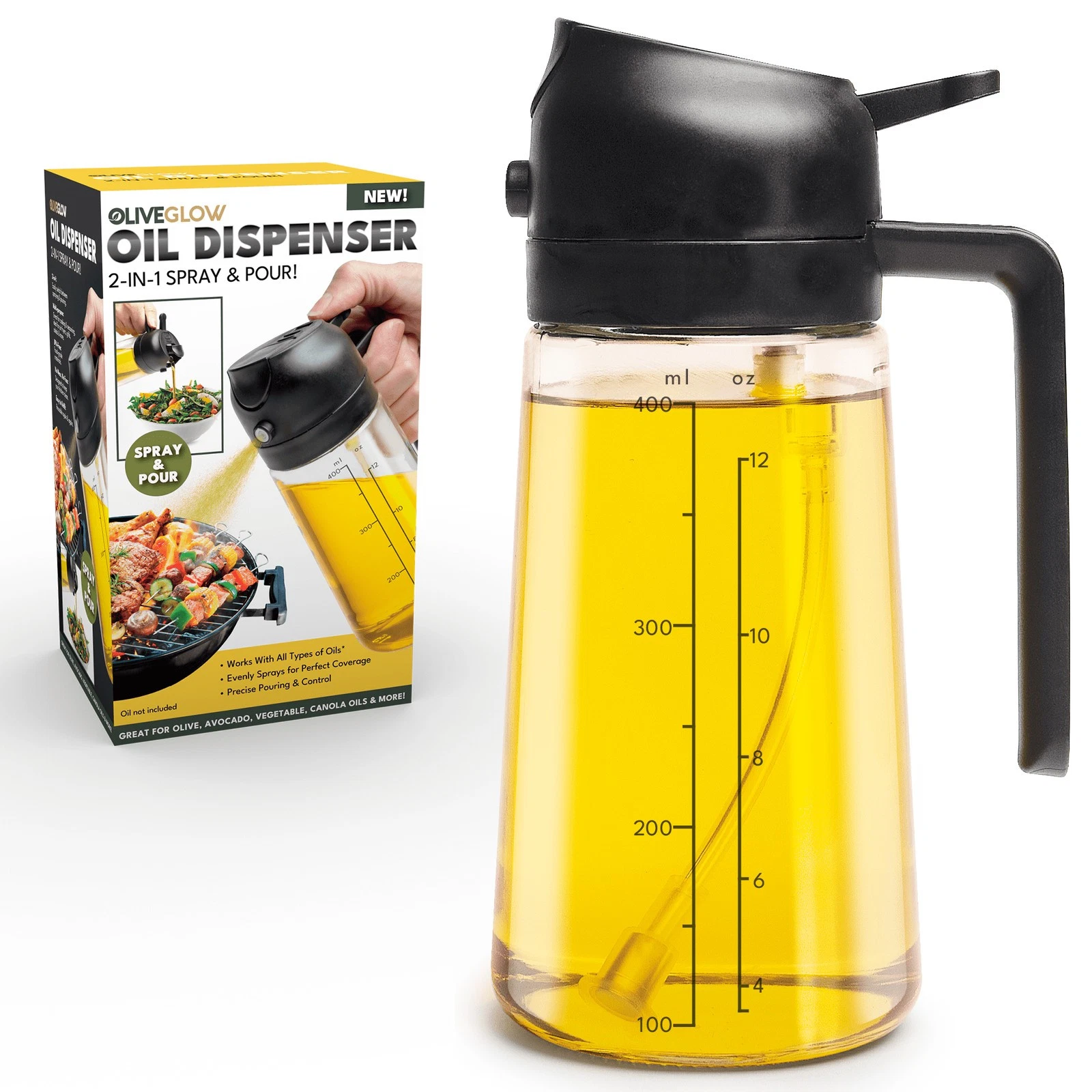 2-in-1 Oil Spray & Pour Dispenser Leakproof & Refillable Glass Bottle Cooking
