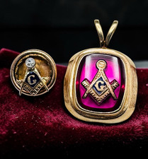Vintage 14k Gold Ruby Masonic Pendant & 14k Gold Diamond Lapel Pin