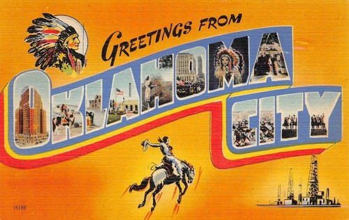 OKLAHOMA CITY Large Letter Greetings Indian Cowboy c1940s Linen Vintage Postcard - Picture 1 of 2