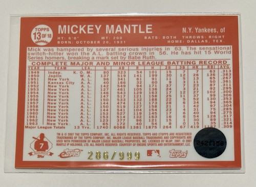 2007 eTopps Reprints Refractor /999 Mickey Mantle #13 MLB HOF New York Yankees - Picture 2 of 3