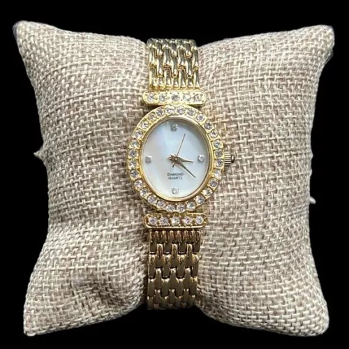 Woman’s Watch Gold Tone Metal Diamond Quartz Oval Face Woven Band-Needs Battery