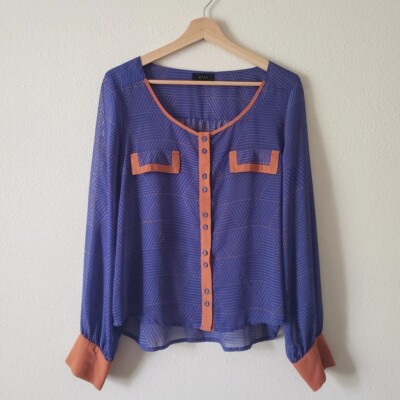 MINE Blue & Orange Semi Sheer Button Blouse Large Geometric Pattern Long Sleeve