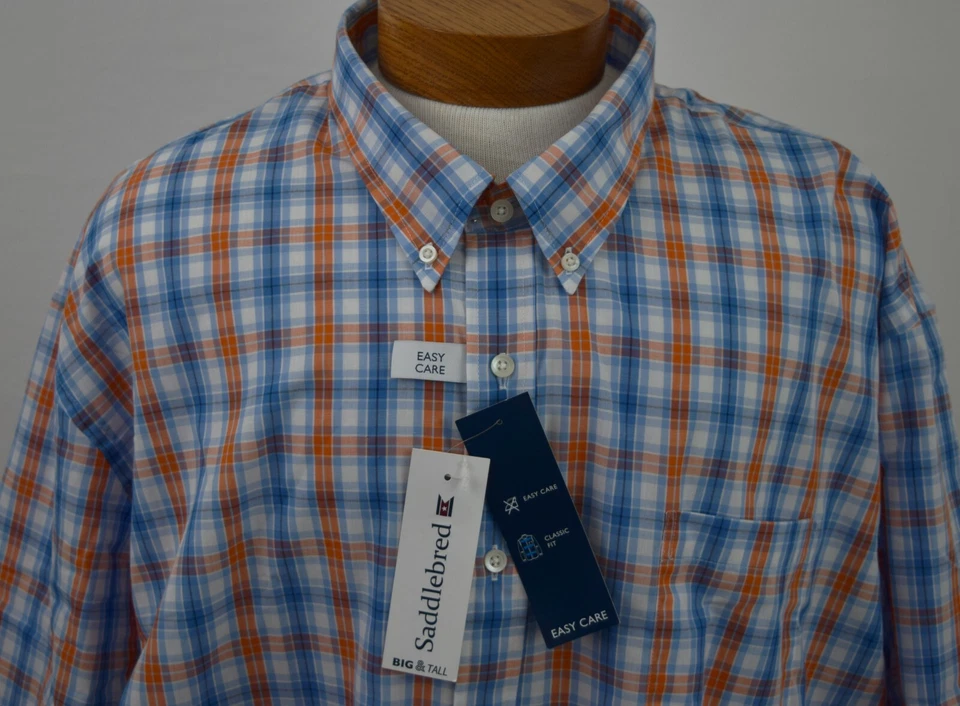Saddlebred LT Button Front Big and Tall Short Sleeve Shirt Men New Orange Plaid  - Image 4 of 4