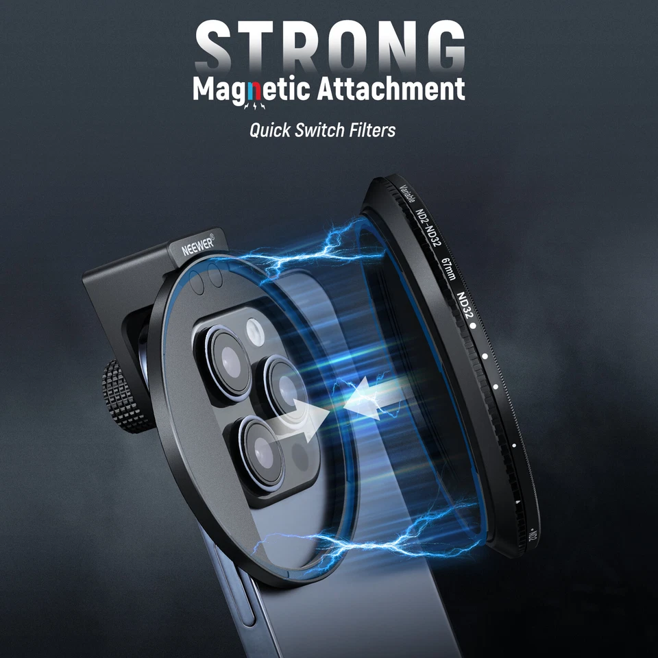 NEEWER 67mm Clip On Variable ND2-ND32 Phone Lens Filter Ki with Magnetic Ring - Image 2 of 4