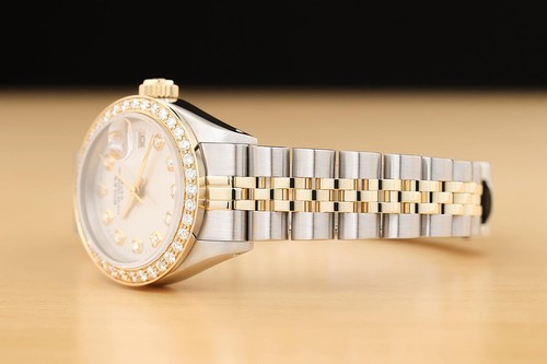 ROLEX LADIES DATE SILVER DIAMOND DIAL 14K YELLOW GOLD STEEL TWO TONE WATCH - Picture 4 of 8