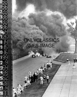 1964 INDY 500 AUTO RACING CRASH 8X10 PHOTO DAVE MCDONALD EXPLODED & EDDIE SACHS