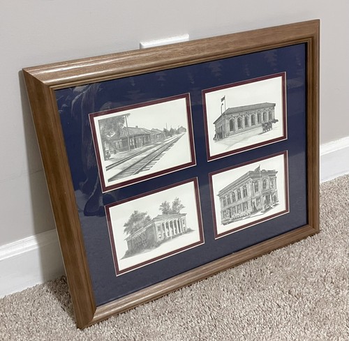 19”x16” Vintage Pencil Sketch Artwork Municipal Architecture Framed 4-panel - Picture 6 of 8