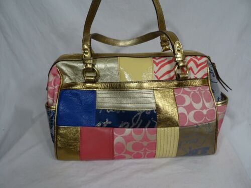 Borsa Coach Signature Logo Patchwork Pelle Manici Oro 12" x 8" - Foto 4 di 12