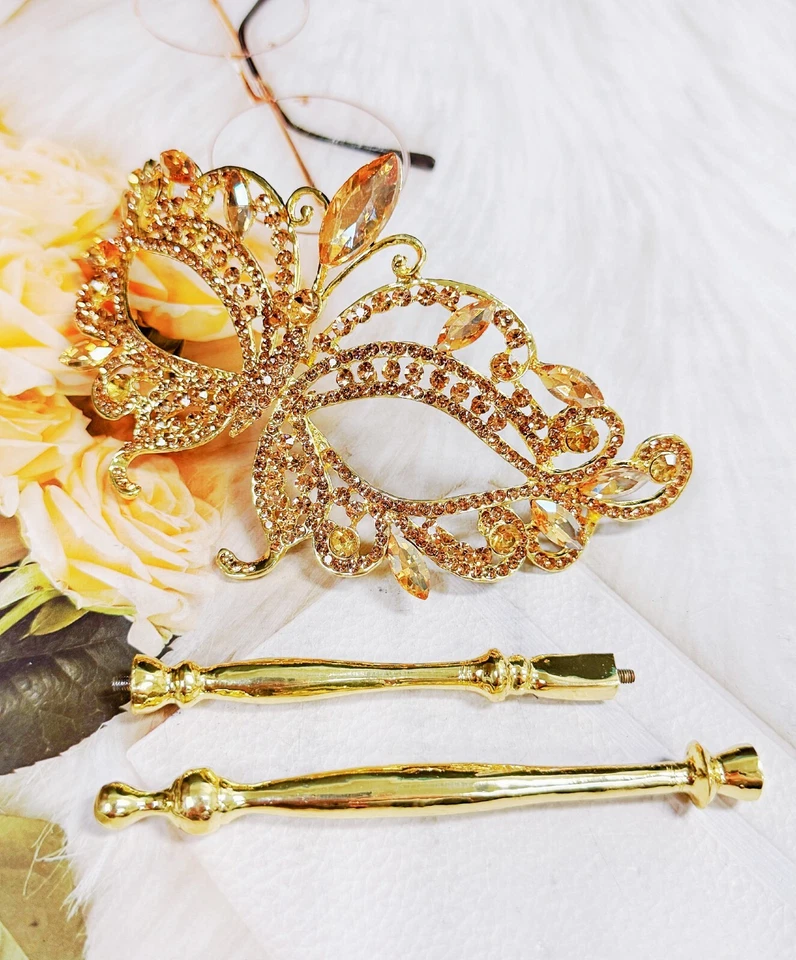 Máscara de mascarada de champán, máscara de mano de cristal, máscara de oro amarillo, máscara de boda Foto 2 de 4