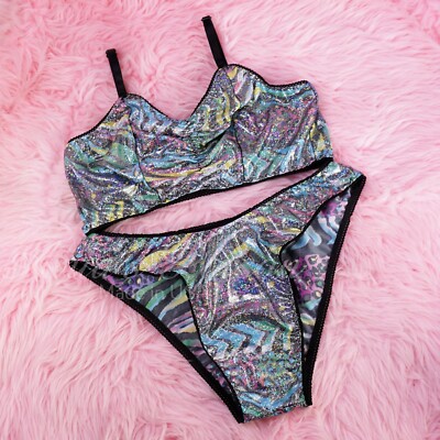 80s style Stretch Metallic Foil Sparkle high leg full bikini Bra Panties or Set