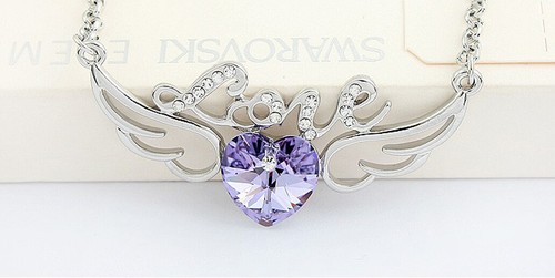 Letter Love Angel Wings Heart Swarovski Crystal Elements 25" Long Chain Necklace - Picture 17 of 18