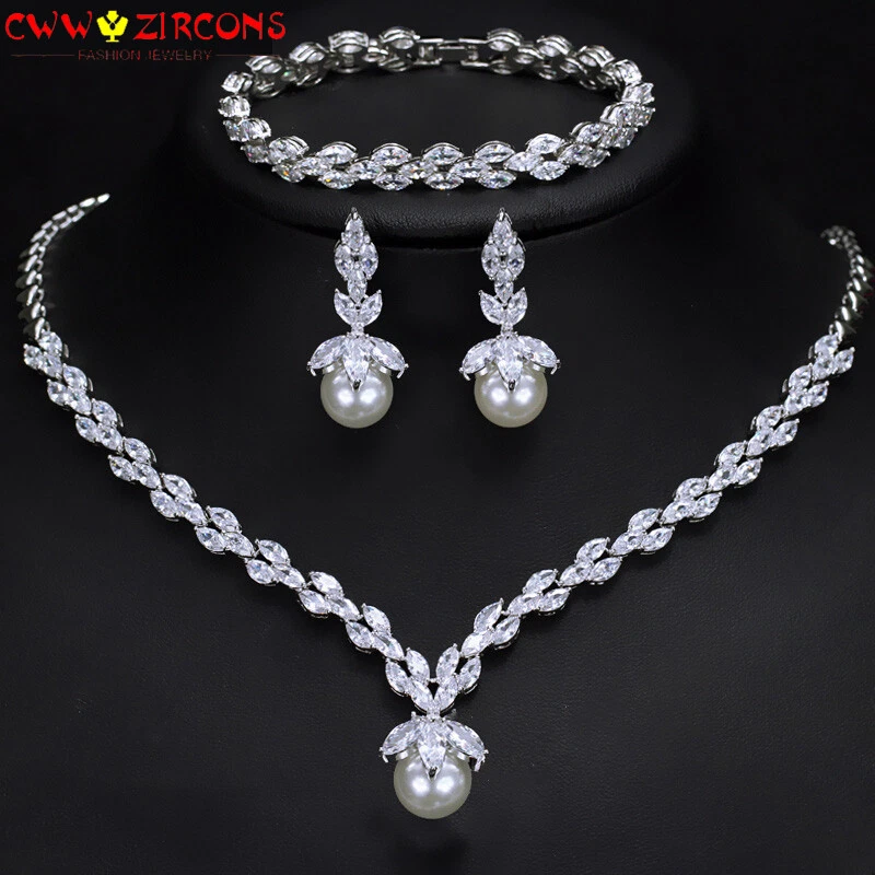 White CZ Bridal Wedding Jewelry Leaf Drop Pearl Necklace Bracelet