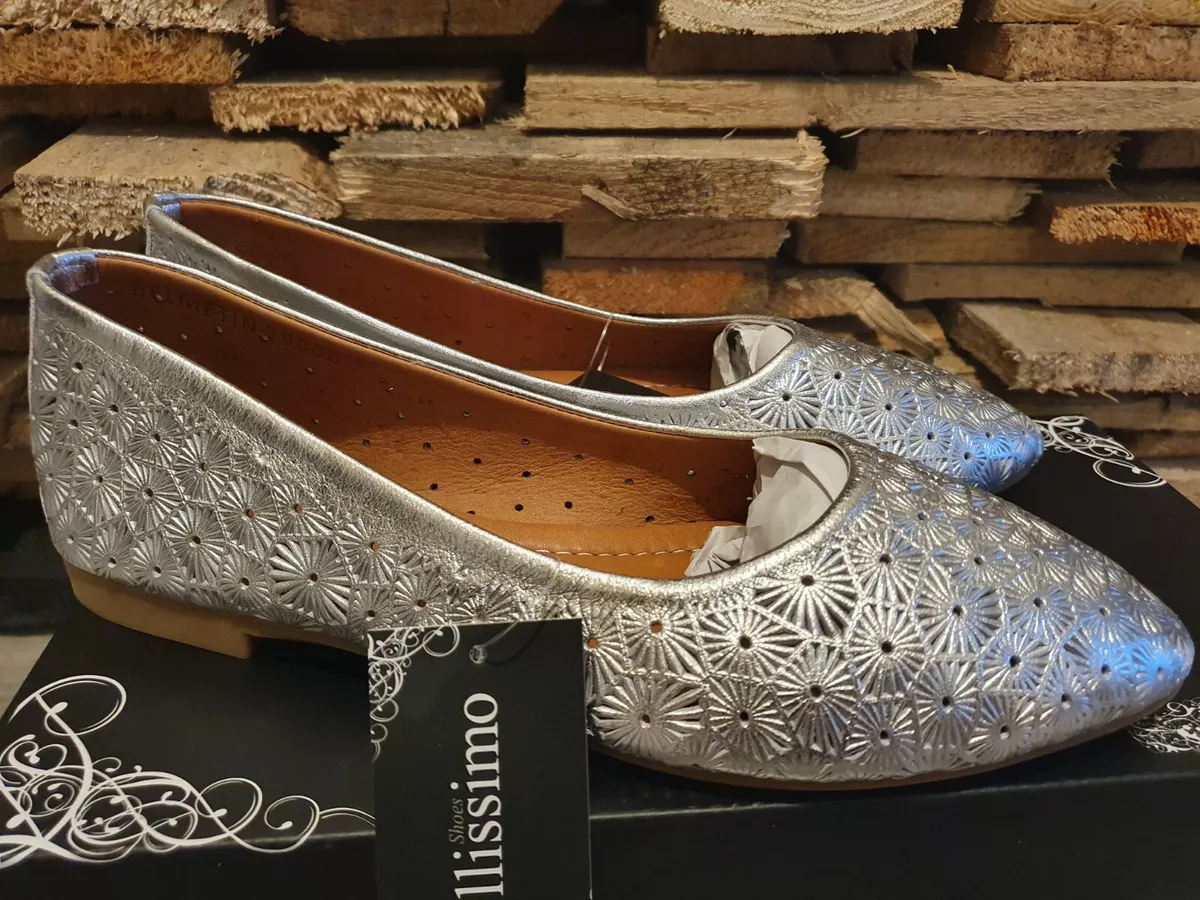 BELLISSIMO WOMENS LEATHER FLAT BALLET PUMPS LADIES SILVER COMFORT