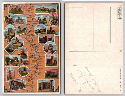 1918 Gruss von der Mosel Postcard: Castles, Villages, Trier, Koblenz Map