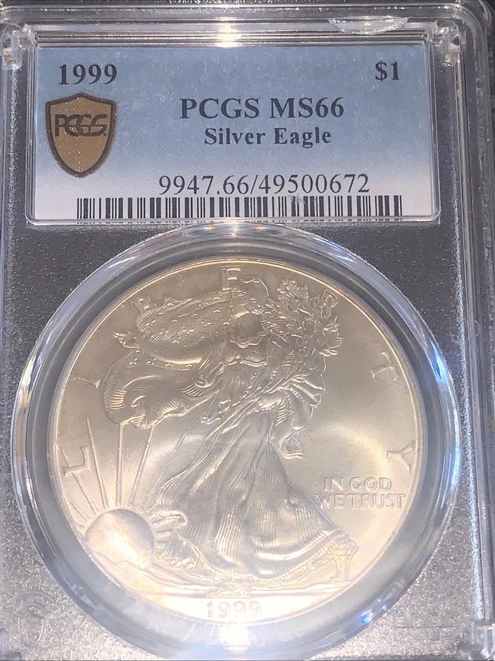 1999 Silver Eagle $1 PCGS MS66 1 oz Coin Monster Toner On Back Side - Image 2 of 4
