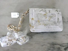 WALLET Id Holder Lanyard key Chain white gold Marble Pattern With Strap Wallet